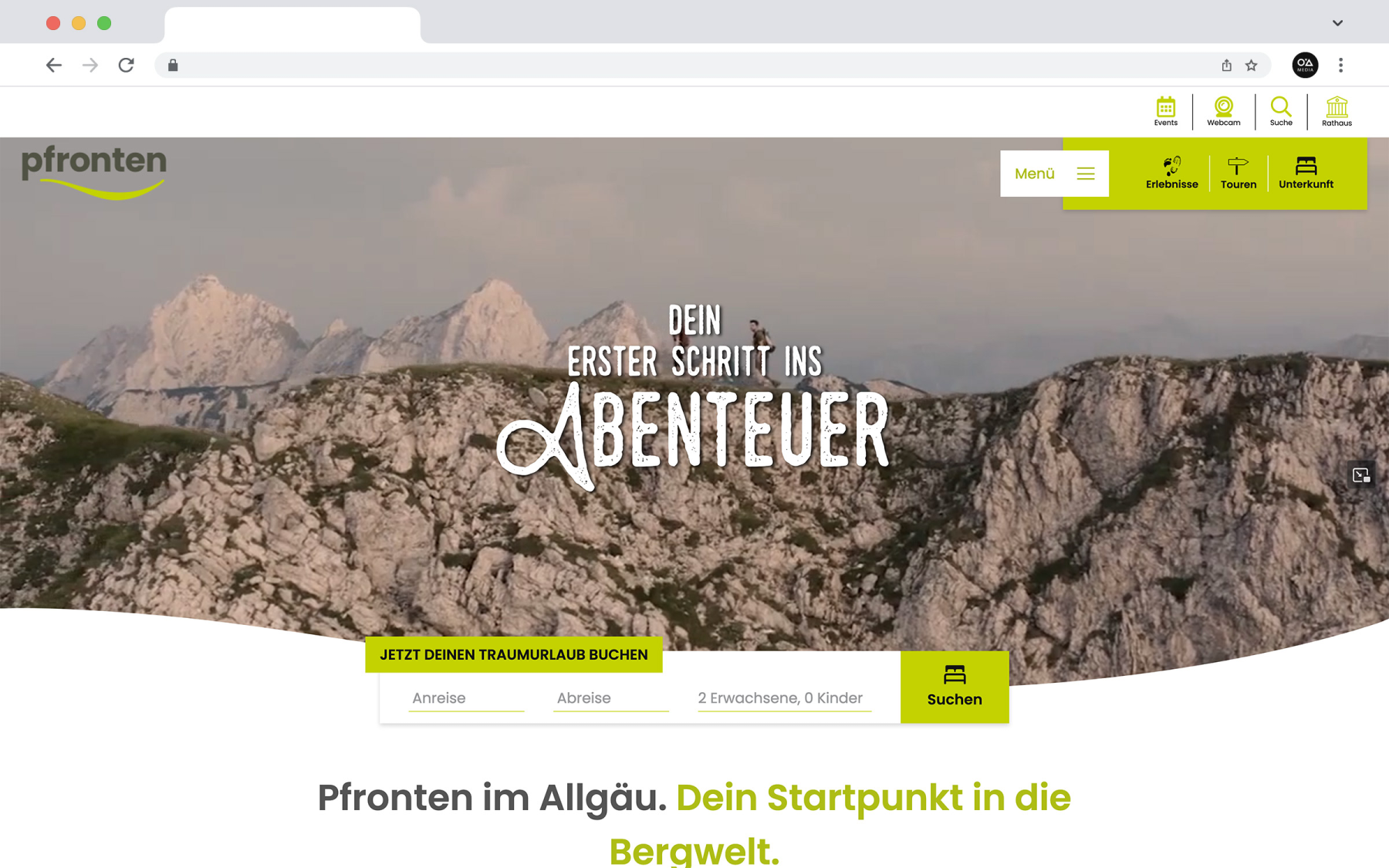 Desktop-Darstellung der Website von Pfronten Tourismus auf einem Screen, zeigt wichtige Informationen und Benutzerinteraktionen, hier: STartscreen mit interaktiver Bucheungsmaske