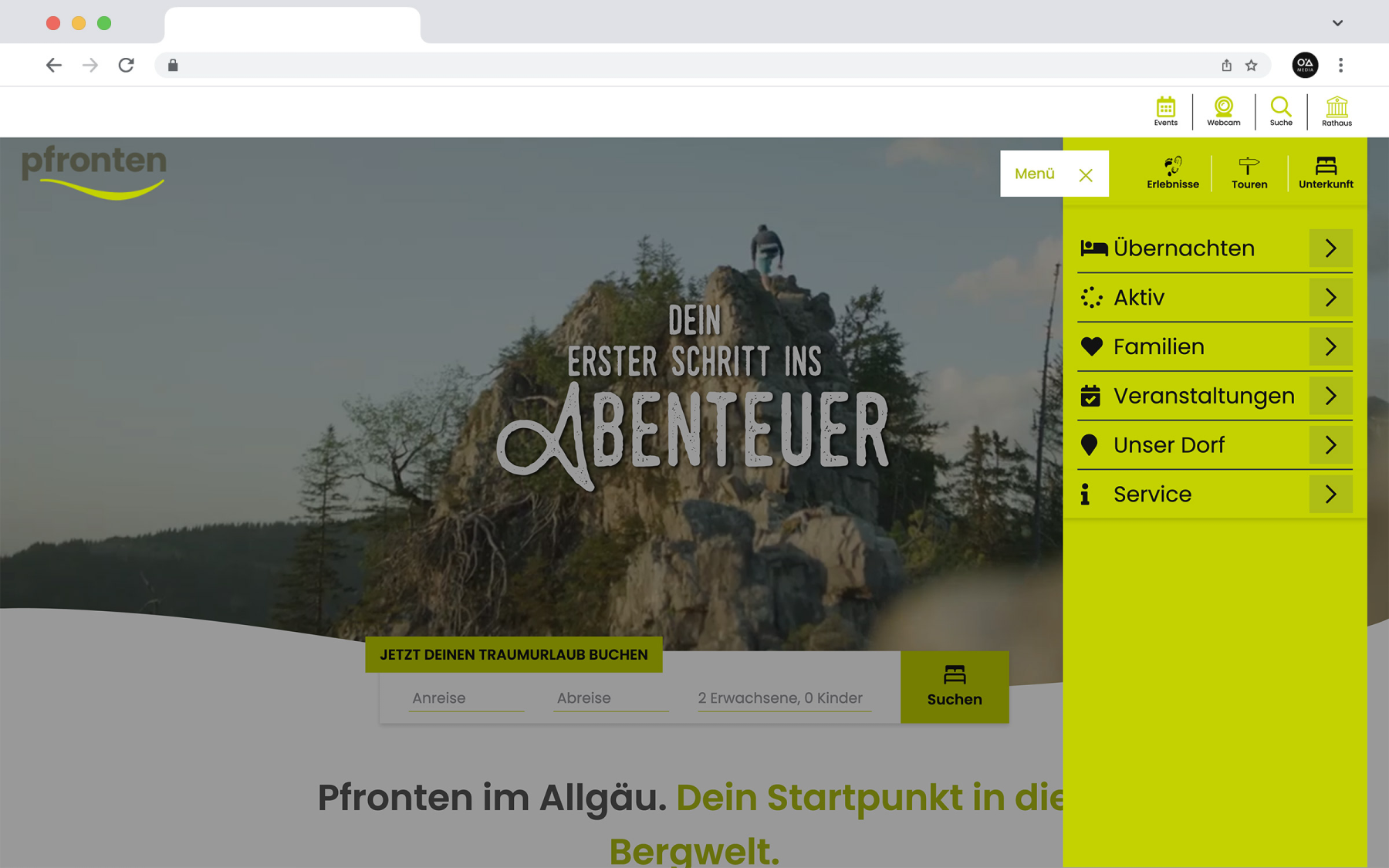 Desktop-Darstellung der Website von Pfronten Tourismus auf einem Screen, zeigt wichtige Informationen und Benutzerinteraktionen, hier: geöffnetes Menü