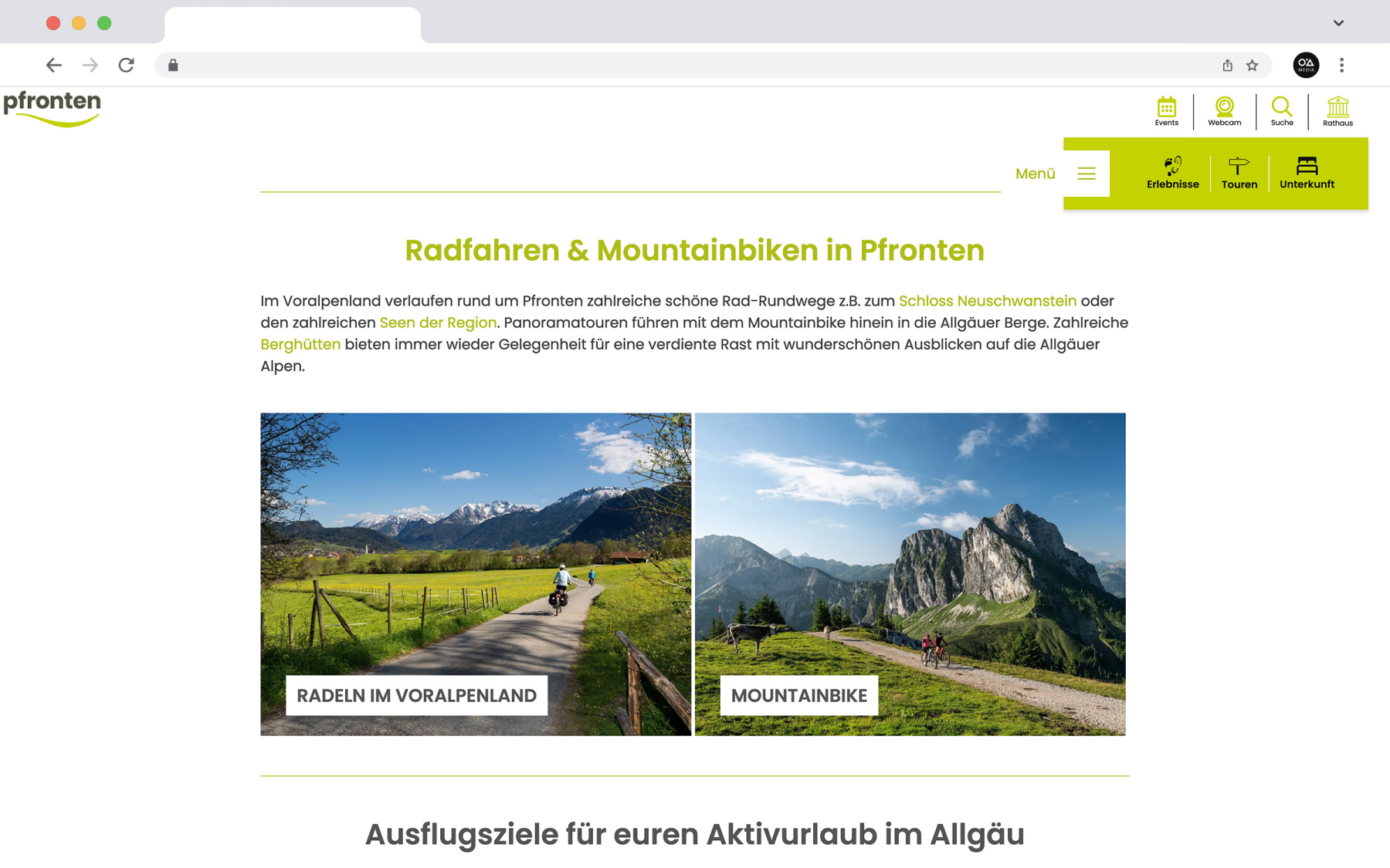 Desktop-Darstellung der Website von Pfronten Tourismus auf einem Screen, zeigt wichtige Informationen und Benutzerinteraktionen, hier: Heading, Text und zwei bildgewaltige Image-Teaser-Boxes