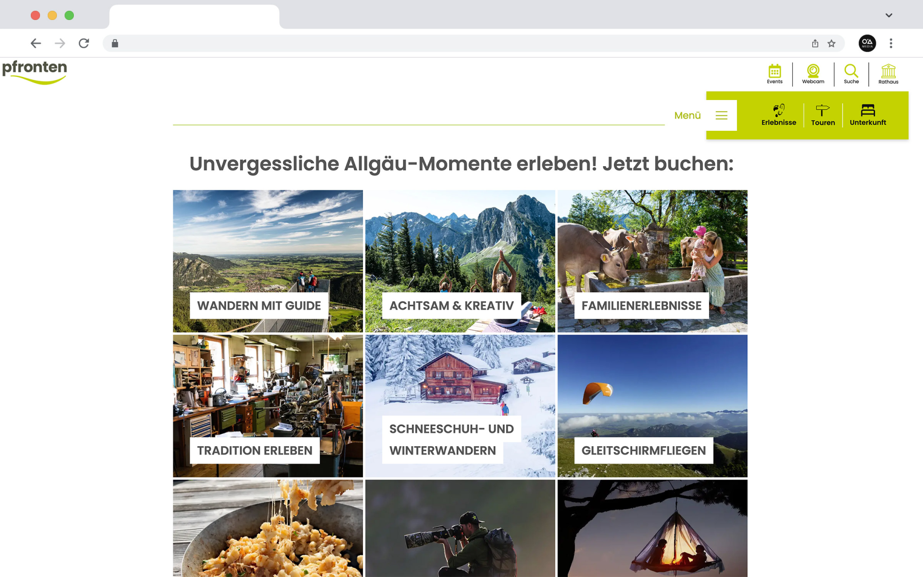 Desktop-Darstellung der Website von Pfronten Tourismus auf einem Screen, zeigt wichtige Informationen und Benutzerinteraktionen, hier: dreispaltige Rasterdarstellung von emotionalen Image-Teaser-Boxes