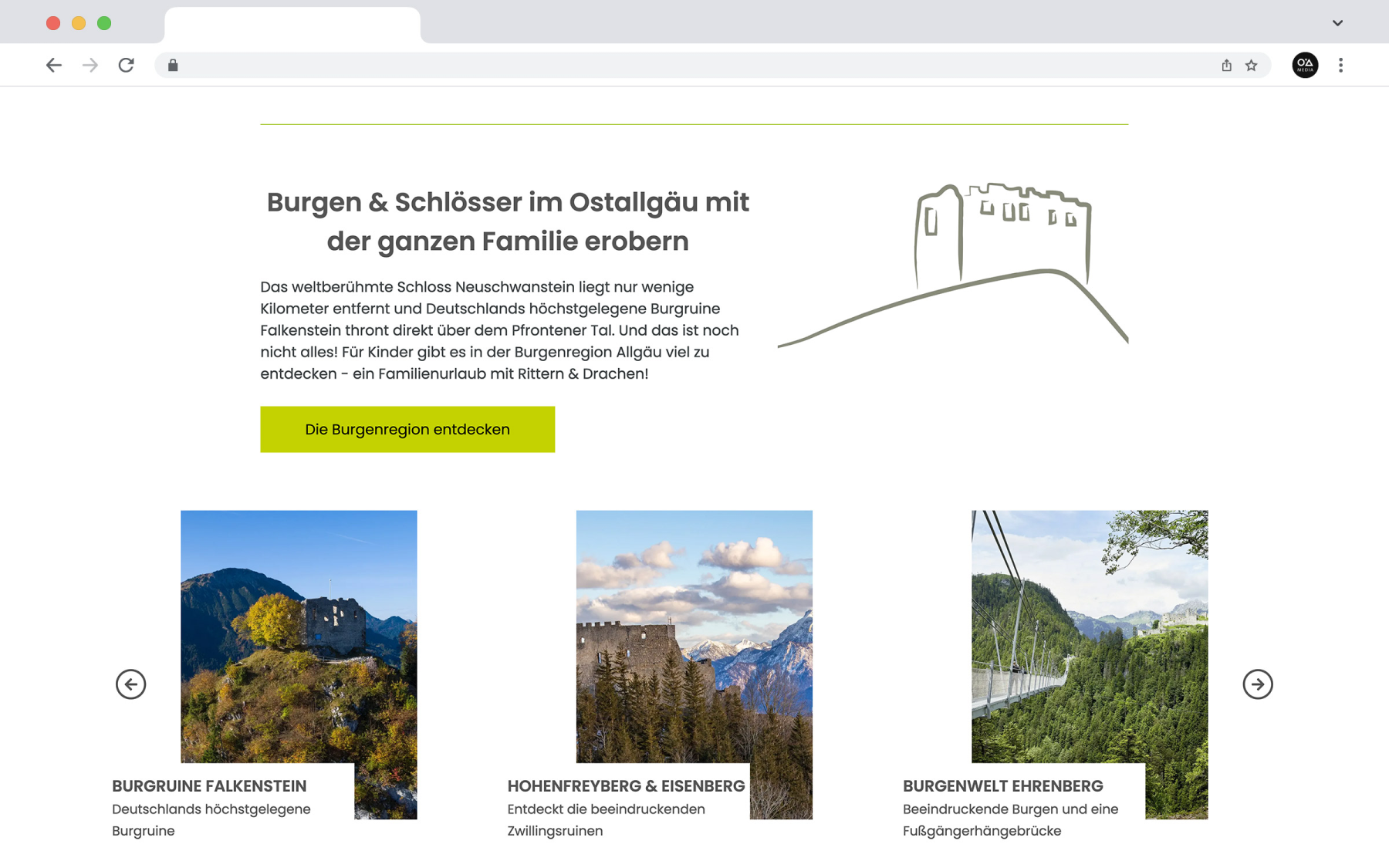 Desktop-Darstellung der Website von Pfronten Tourismus auf einem Screen, zeigt wichtige Informationen und Benutzerinteraktionen, hier: Burgruinen-Grafik mit interaktivem Highlights-Slider