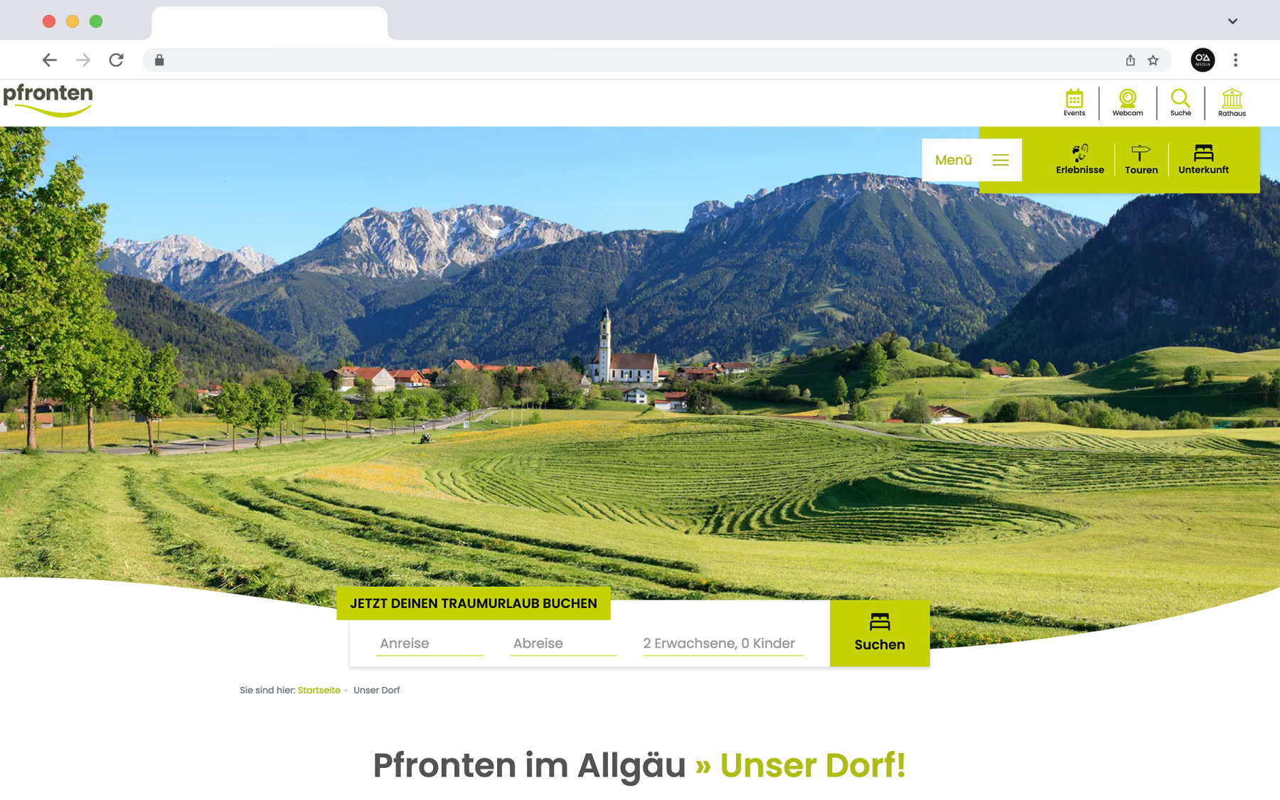 Desktop-Darstellung der Website von Pfronten Tourismus auf einem Screen, zeigt wichtige Informationen und Benutzerinteraktionen, hier: Inhaltsheader mit interaktiver Such- bzw- Buchen-Maske