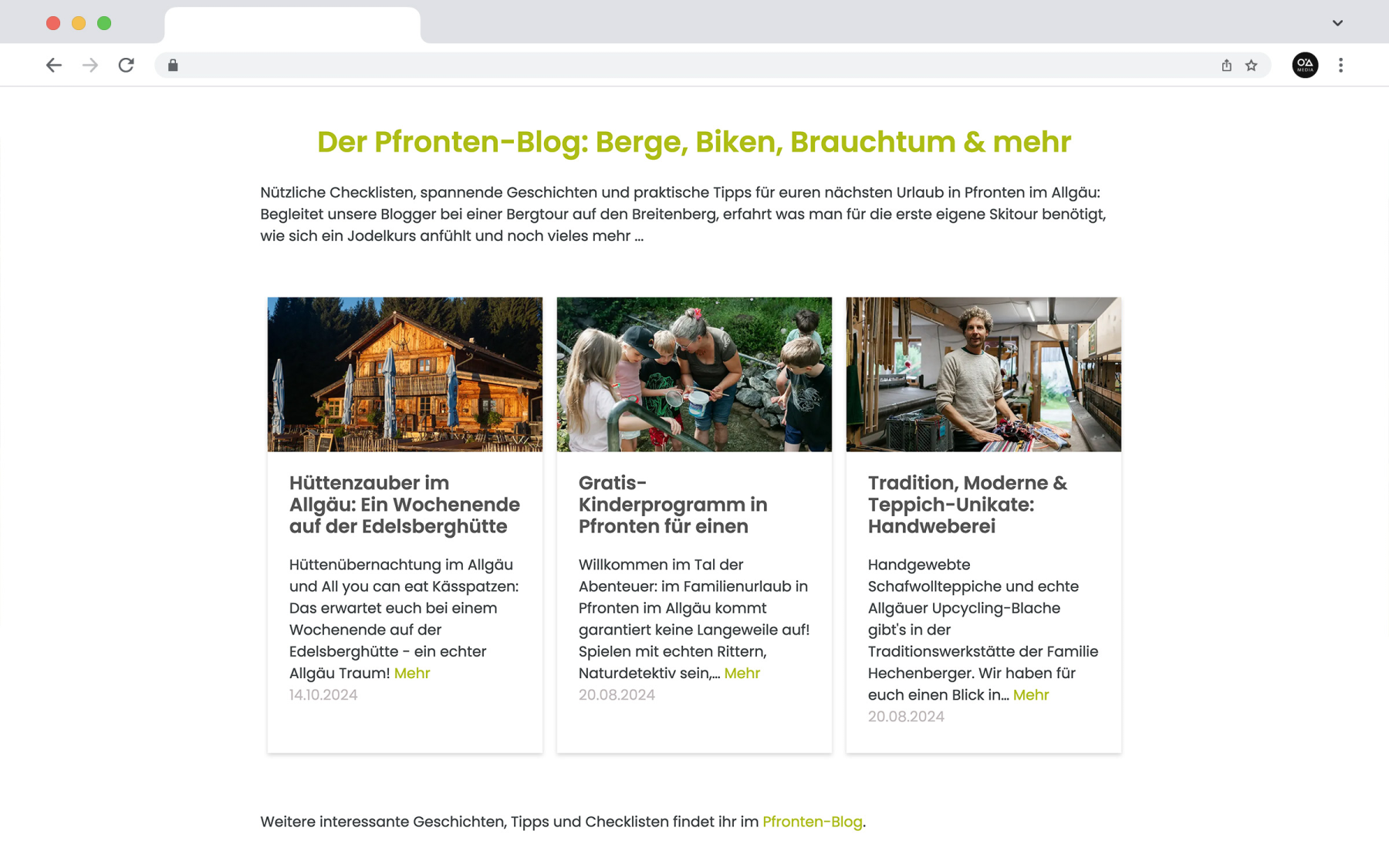 Desktop-Darstellung der Website von Pfronten Tourismus auf einem Screen, zeigt wichtige Informationen und Benutzerinteraktionen, hier: dreispaltiger Teaser mit emotionalen Bildimpressionen