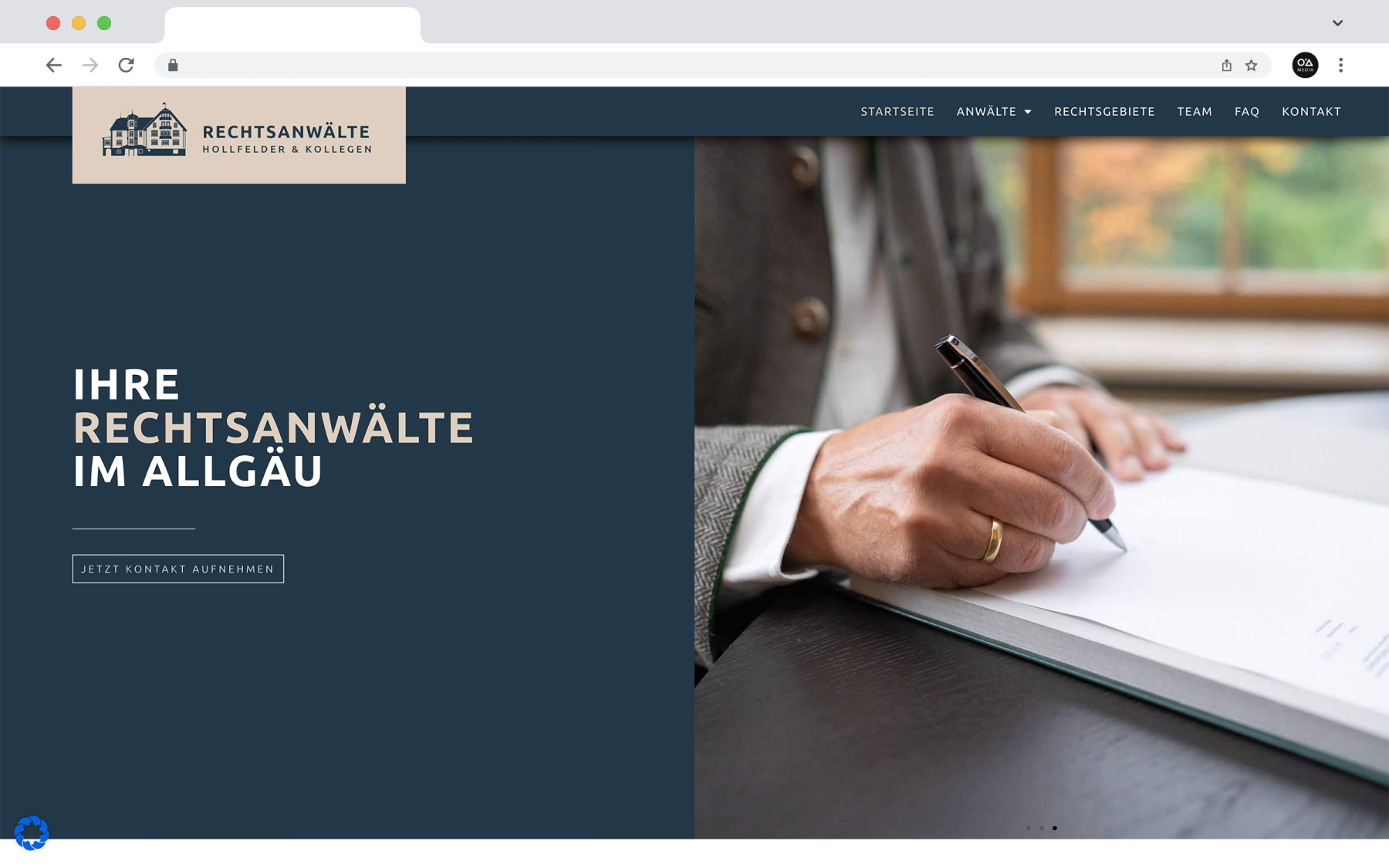 Modernes Website-Design der Rechtsanwaltskanzlei Hollfelder & Kollegen, optimiert für Benutzerfreundlichkeit und Ästhetik, hier: der Startscreen