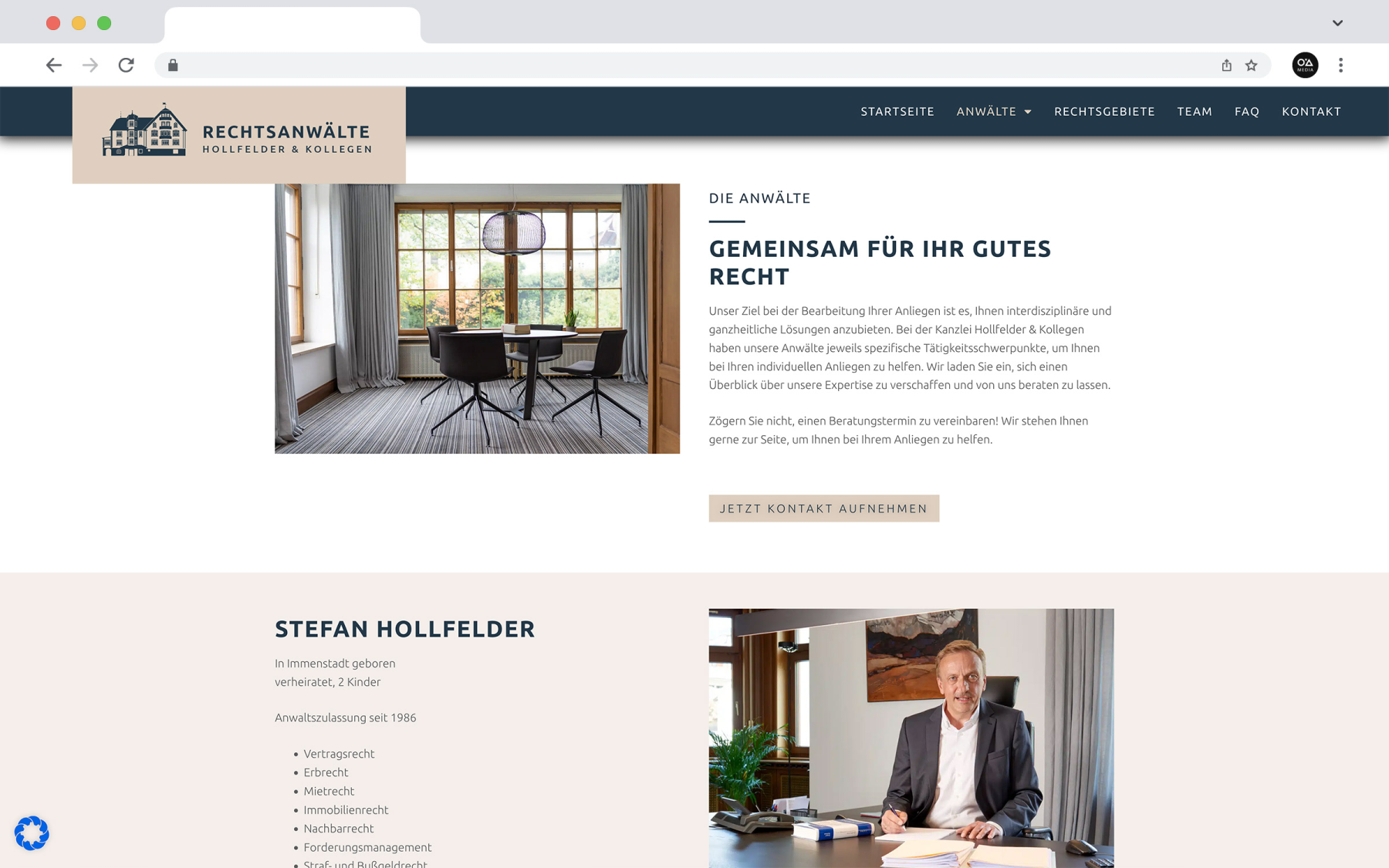 Modernes Website-Design der Rechtsanwaltskanzlei Hollfelder & Kollegen, optimiert für Benutzerfreundlichkeit und Ästhetik, hier: Content-Teaser & Partner-/Team-Vorstellung