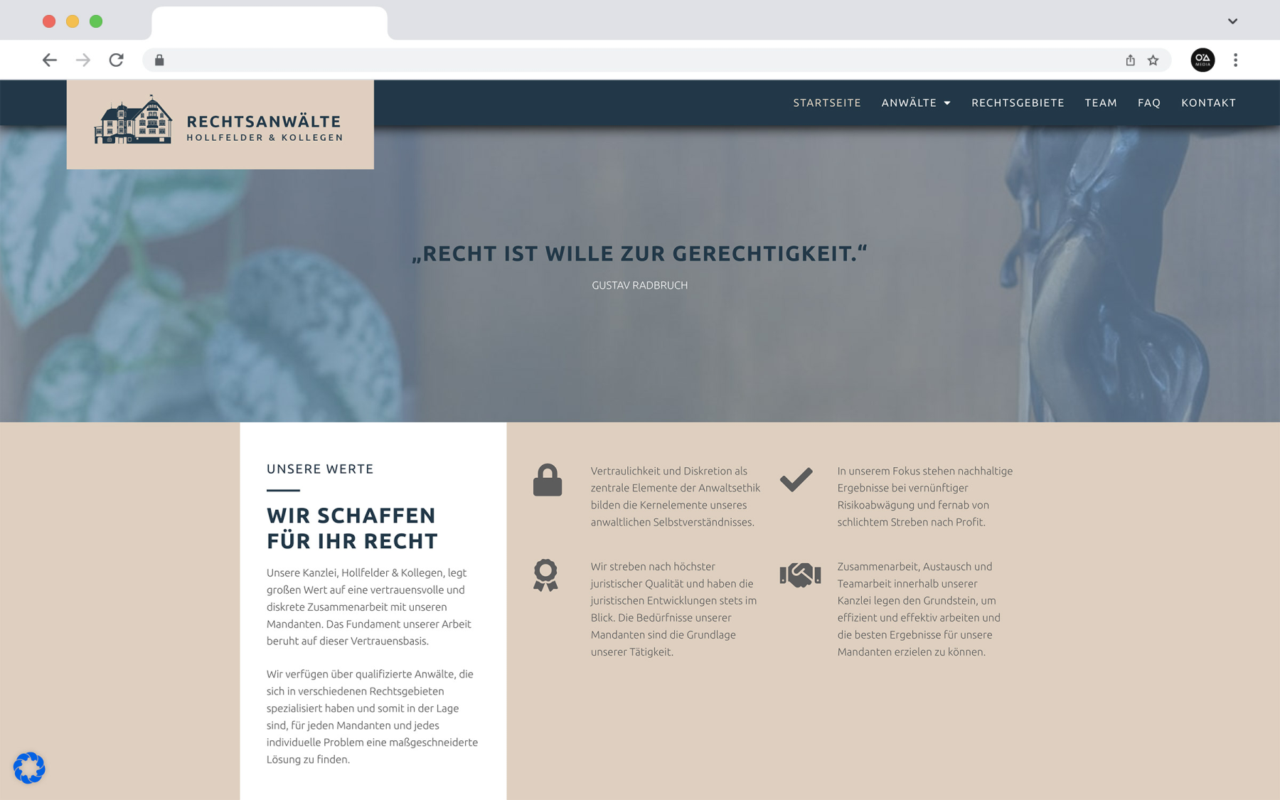 Modernes Website-Design der Rechtsanwaltskanzlei Hollfelder & Kollegen, optimiert für Benutzerfreundlichkeit und Ästhetik, hier: Fixed Image und Content