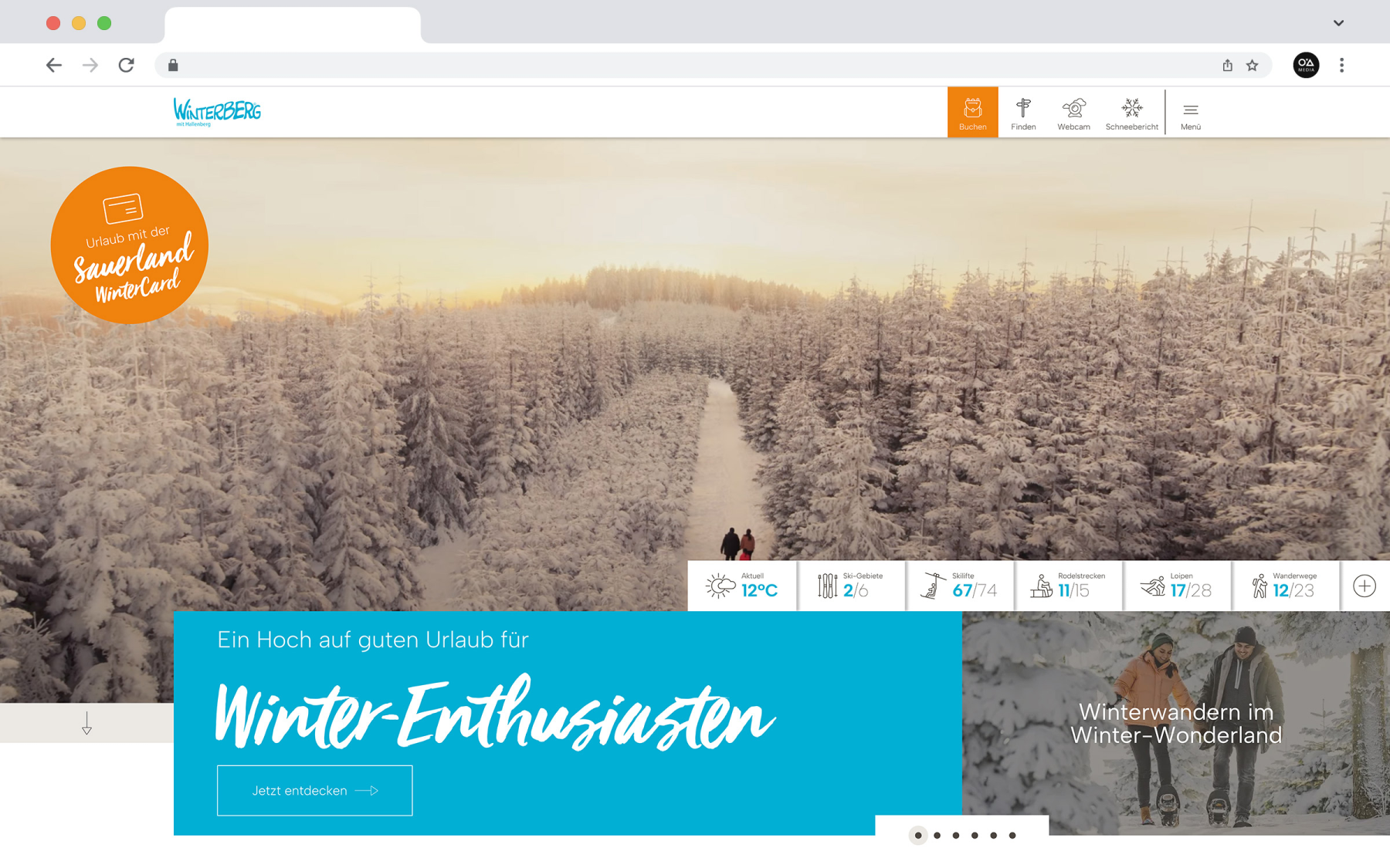 Desktop-Darstellung der Website der Winterberg Touristik GmbH auf einem Screen, zeigt wichtige Informationen und Benutzerinteraktionen, hier: interaktiver Startscreen mit Zielgruppen-Slider, WIntersport-Widget uvm.