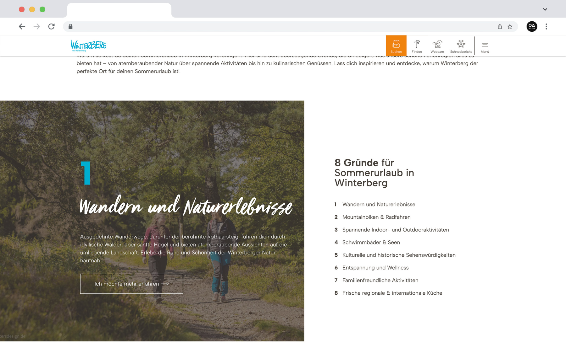 Desktop-Darstellung der Website der Winterberg Touristik GmbH auf einem Screen, zeigt wichtige Informationen und Benutzerinteraktionen, hier: interaktives 8-Gründe-Element als Highlight-Teaser