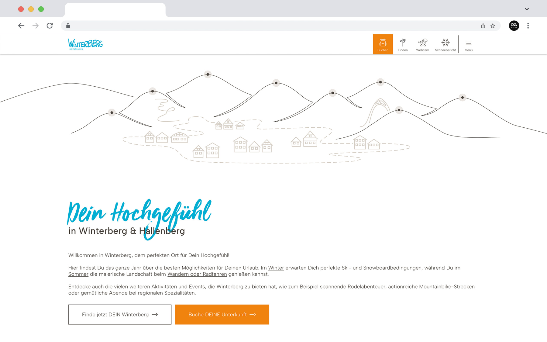 Desktop-Darstellung der Website der Winterberg Touristik GmbH auf einem Screen, zeigt wichtige Informationen und Benutzerinteraktionen, hier: interaktive Infografik über die acht Gipfel Winterbergs