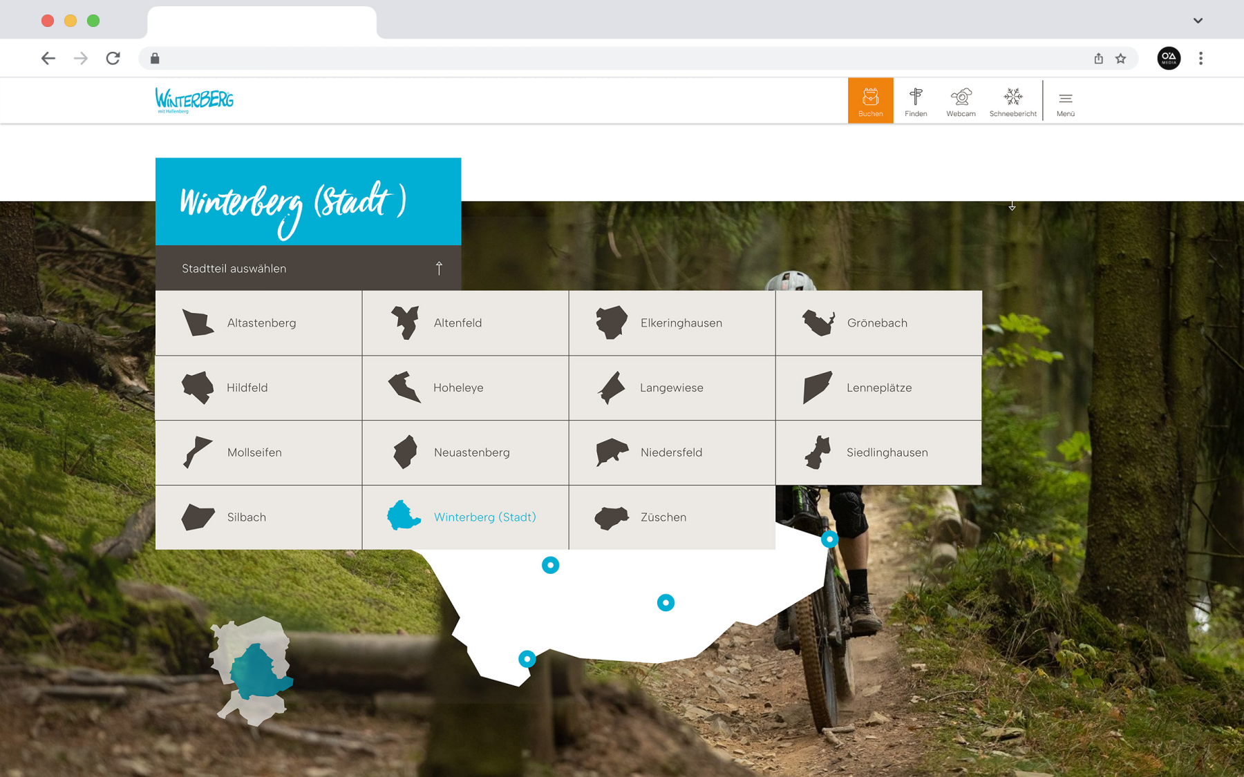 Desktop-Darstellung der Website der Winterberg Touristik GmbH auf einem Screen, zeigt wichtige Informationen und Benutzerinteraktionen, hier: interaktive Stadtteil-Karte - ausgeklappt zur Auswahl der Stadtteile